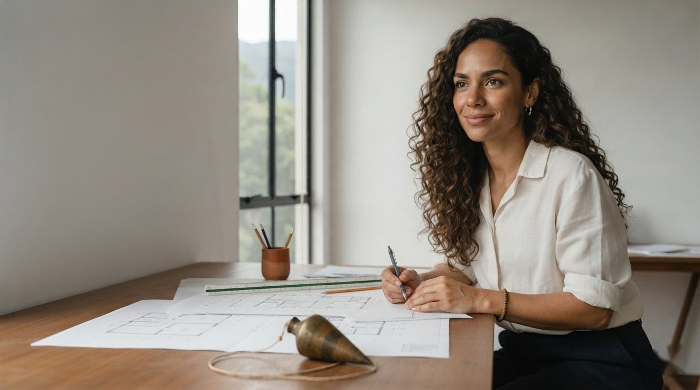 Marina Sales, arquiteta, à mesa de desenho com o prumo do pai