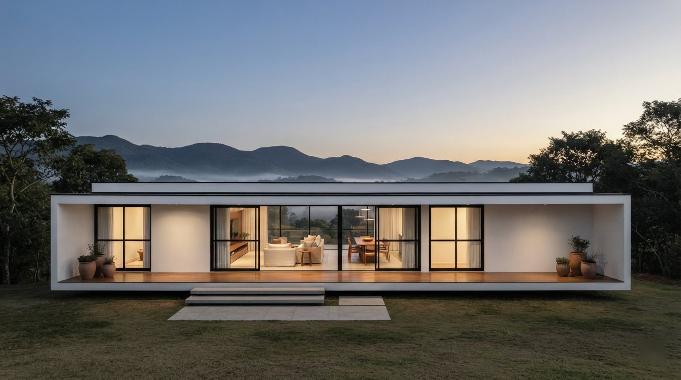 Casa térrea branca ao entardecer com a Serra de Atibaia ao fundo