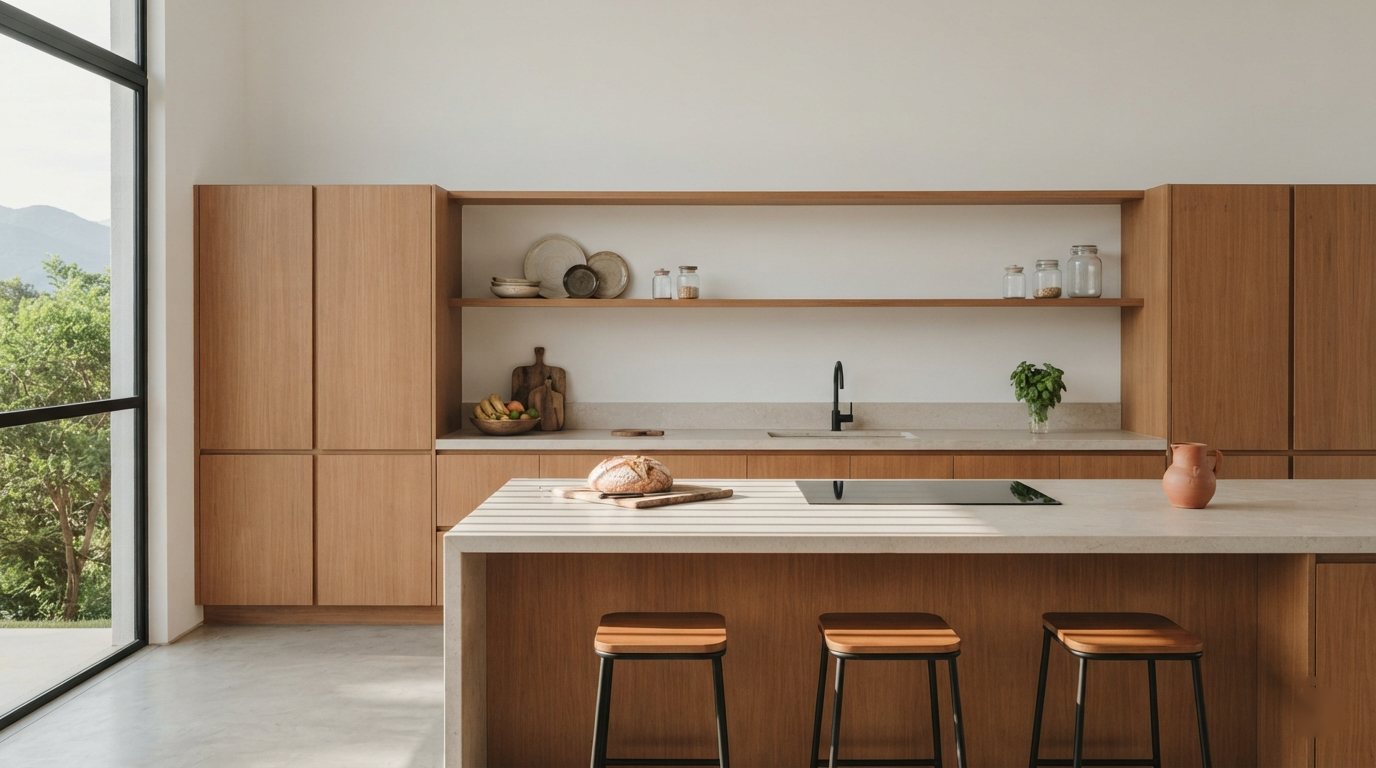 A cozinha pronta, em freijó e pedra clara