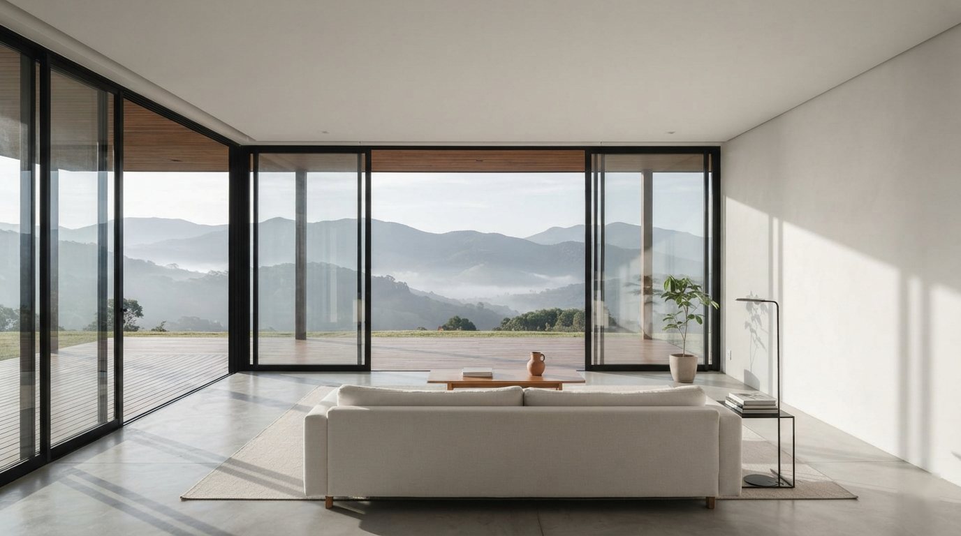 Sala com parede de vidro aberta para as montanhas com neblina
