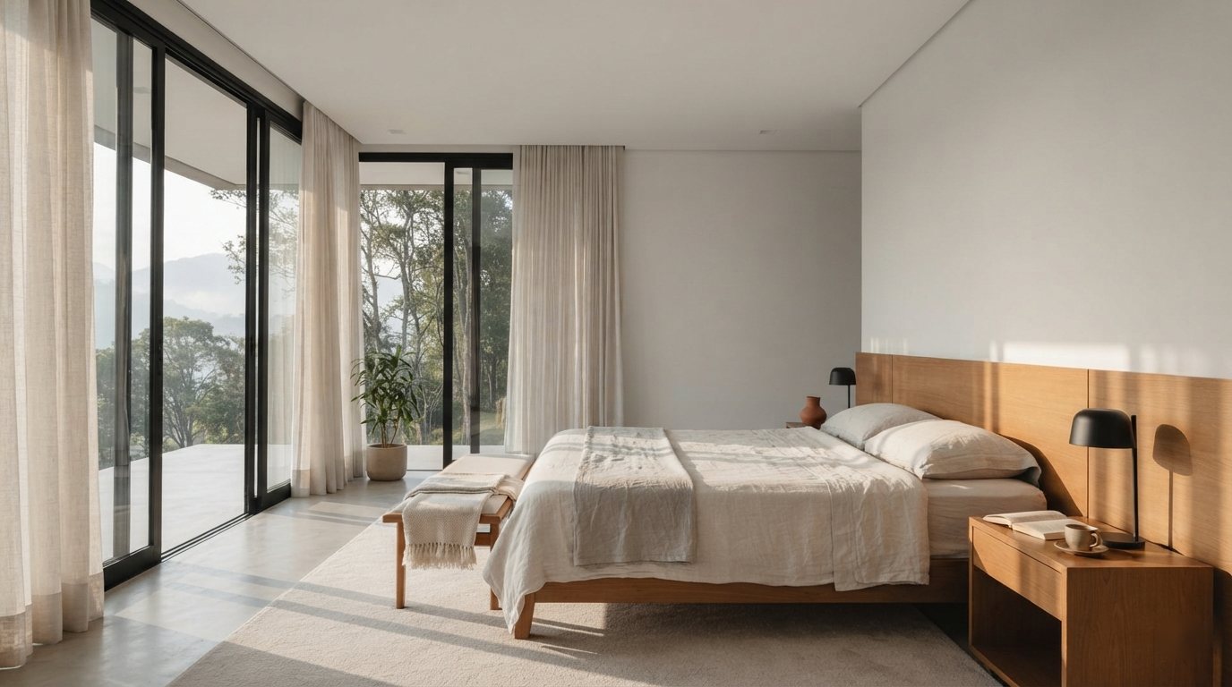 Suíte com cama de freijó e sol da manhã entrando pelo linho
