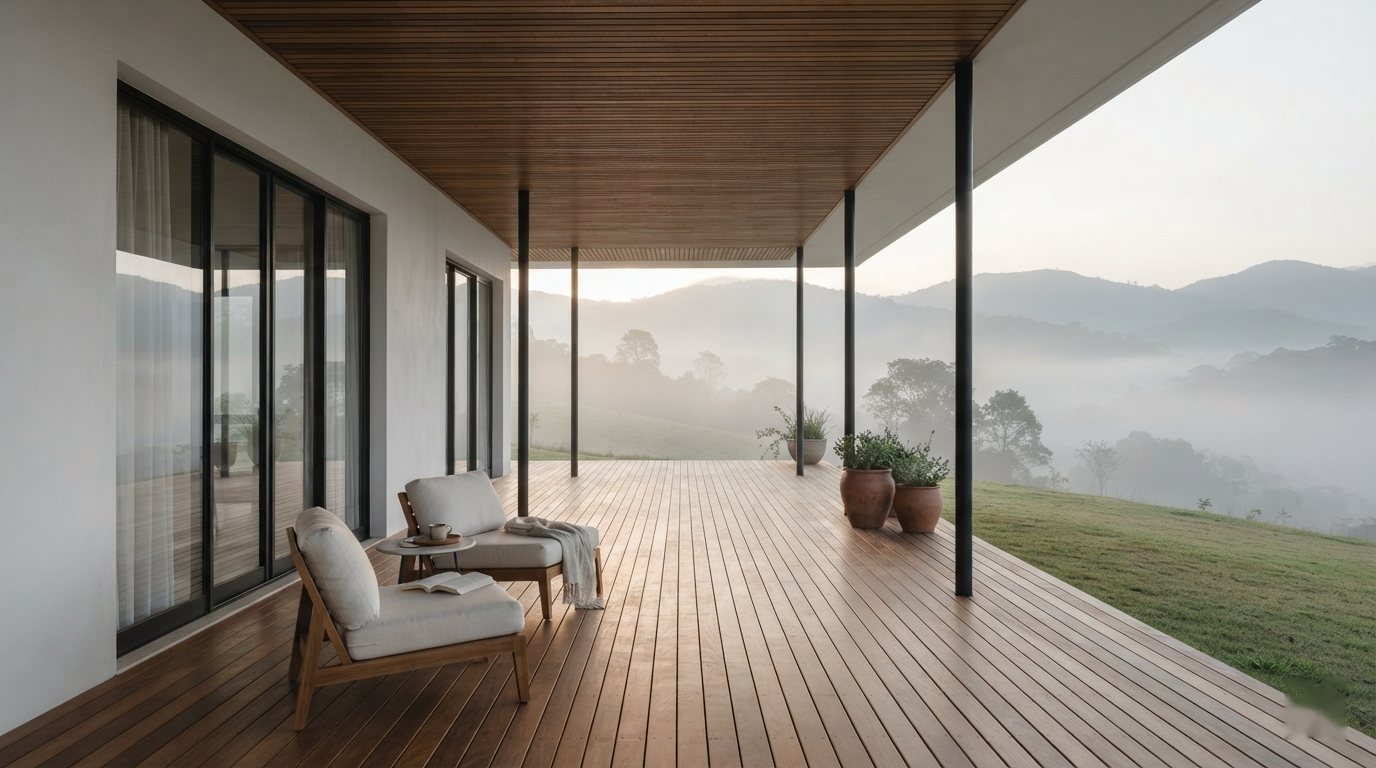 Varanda de madeira com vales cobertos de neblina