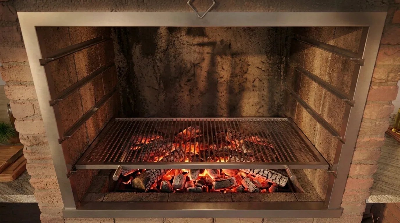 A brasa no ponto, carvão vermelho embaixo da grelha