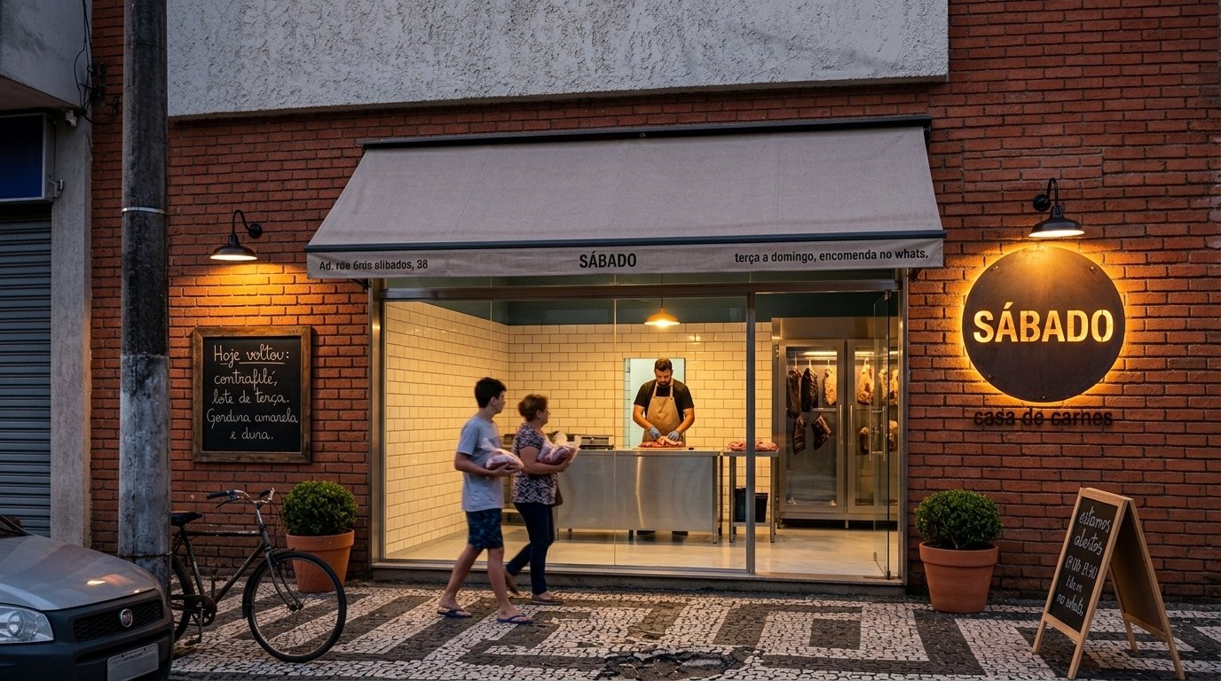 A fachada do Sábado no fim da tarde: tijolo aparente, letreiro redondo aceso, toldo de linho e a lousa com o que voltou essa semana